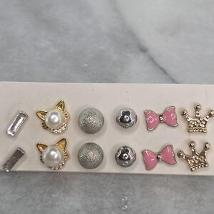 Kids Stud Earrings Set 6 Pairs Cat Pearl Pink Bow Crown Ball Multicolor Enamel